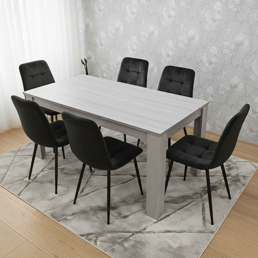 Modern Grey Wooden Dining Table Set with 6 Black Velvet Chairs Dining Home Furniture