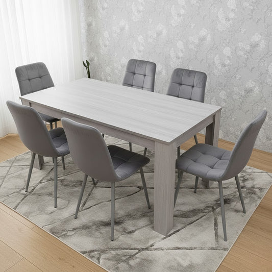 Grey Wooden Dining Table Set with 6 Grey Velvet Chairs Dining Room Furniture