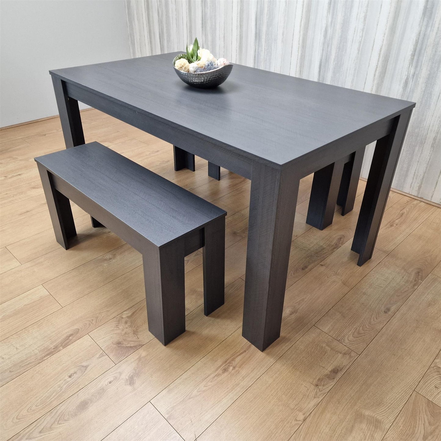 Dining Table and 2  Benches  Black Dark Grey Wood Dining Set Furniture