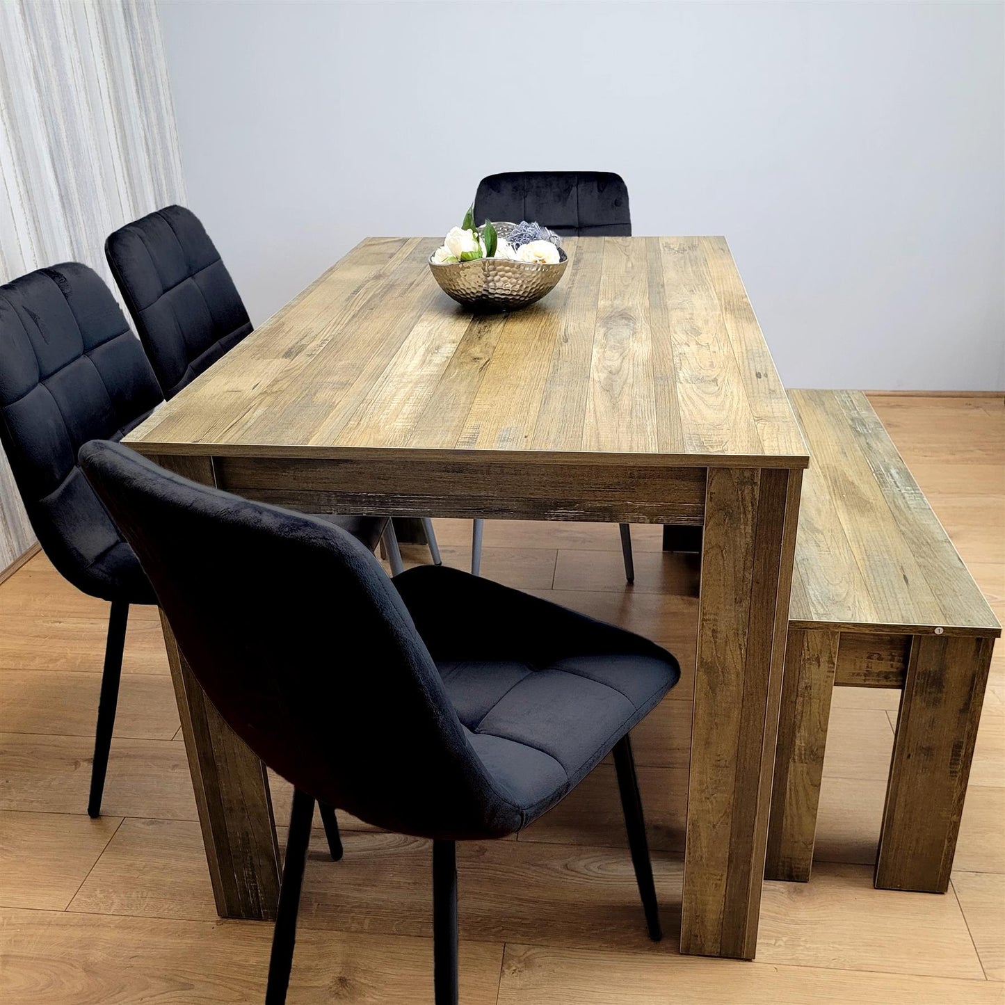 Modern Dining Table with 4 Black Velvet Chairs and Bench Kitchen Set