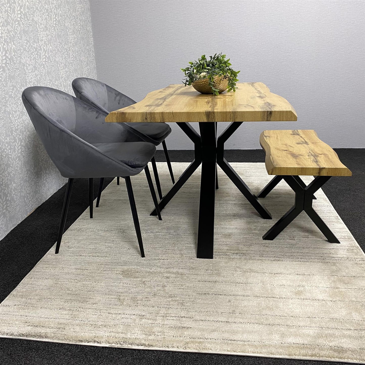 DOUBS Brown Wooden Dining Table with 2 grey Chairs and Bench - Dining Kitchen Room Furniture