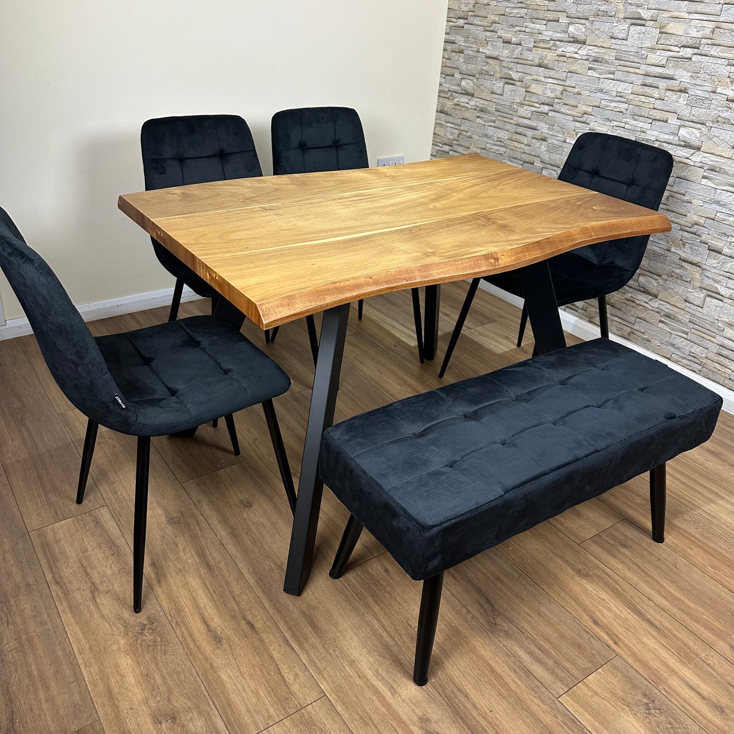 DOUBS Dining Table set for 6  with 4 Black Velvet Chairs and 1 Bench Modern Dining Set