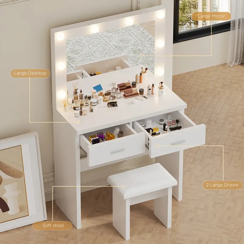 White Dressing Table Set with Hollywood LED Mirror, 2 Large Drawers, and Stool – Vanity Makeup Table with Adjustable 3-Colour Lights, USB Port, and Storage for Bedroom Décor