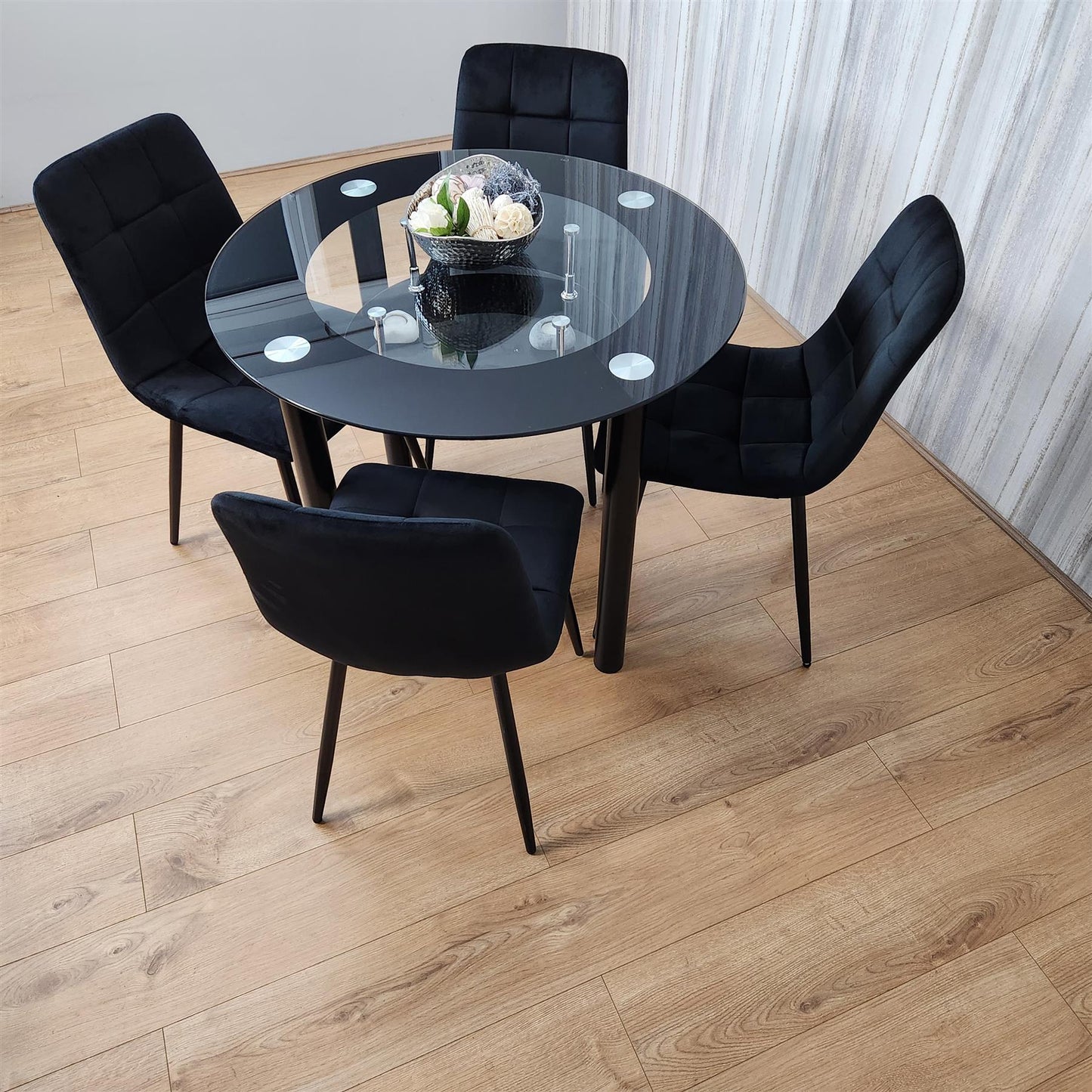 Dining Table and 4 Chairs Round Glass Black  4 Black  Velvet Chairs Dining Room Furniture