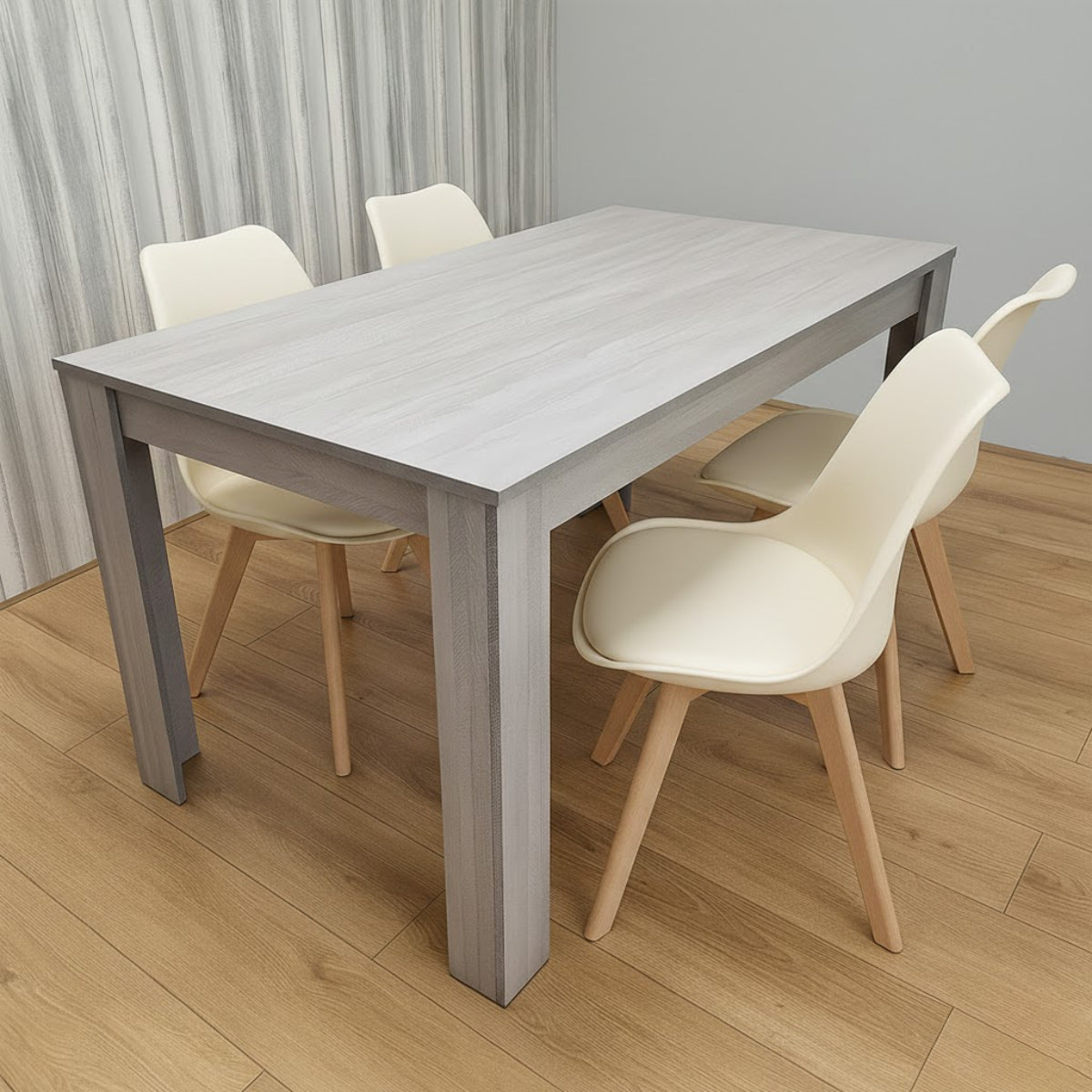 Modern Grey Dining Table Set With 4 Cream Plastic Chairs Dining Room Furniture