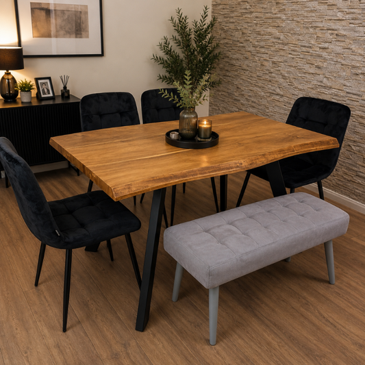 Dining Table for 6 Wooden Dining Table and 4 black velvet Chairs and 1 Grey velvet Bench