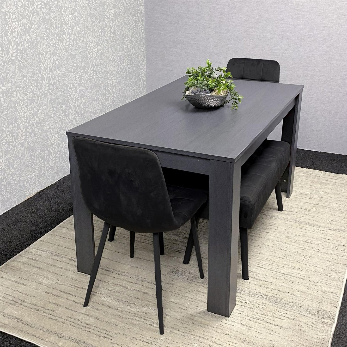 Arrow Design Wooden Dining Table with Black  Velvet Chairs and 2 black velvet Benches