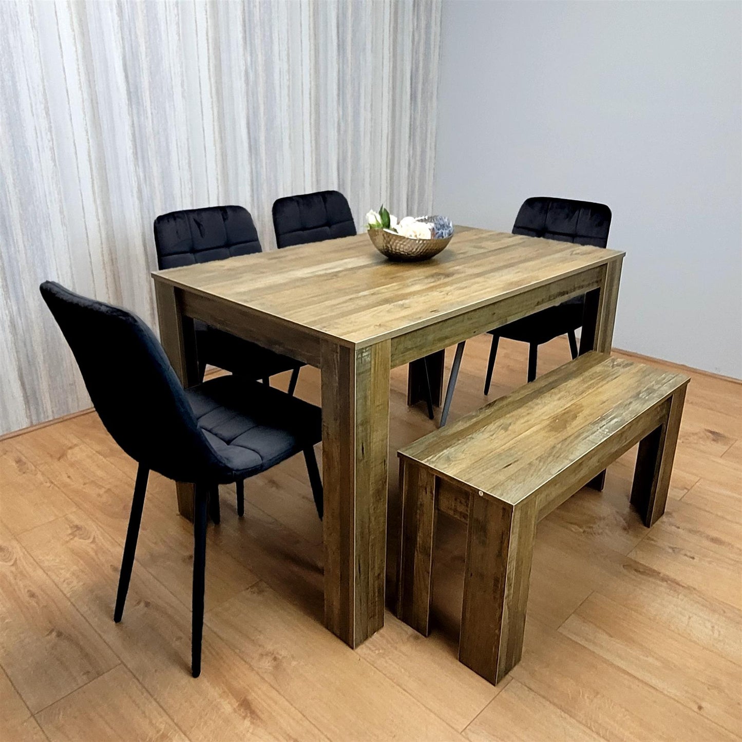 Modern Dining Table with 4 Black Velvet Chairs and Bench Kitchen Set