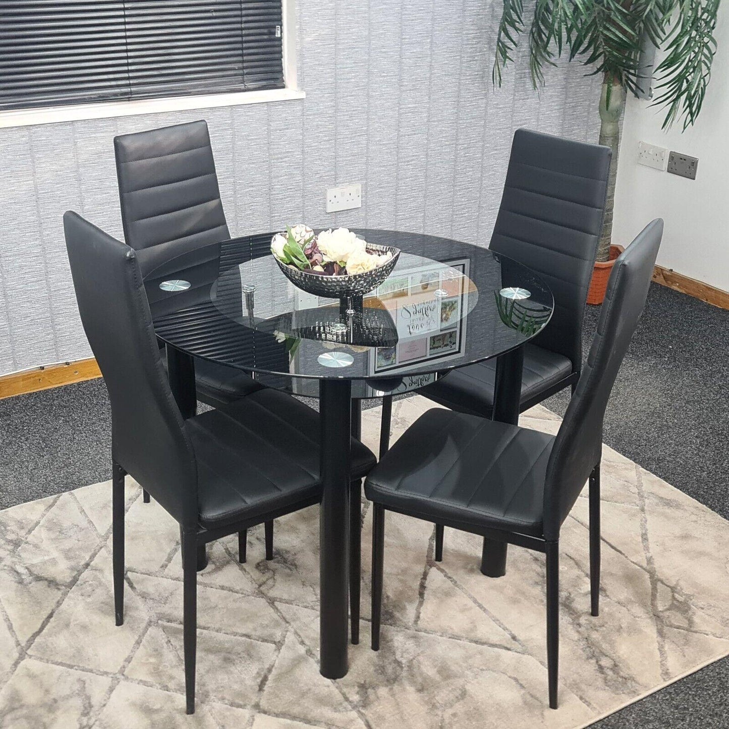 Dining Table and 4 Chairs Round Glass Black  4 Black  Leather Chairs Dining Room