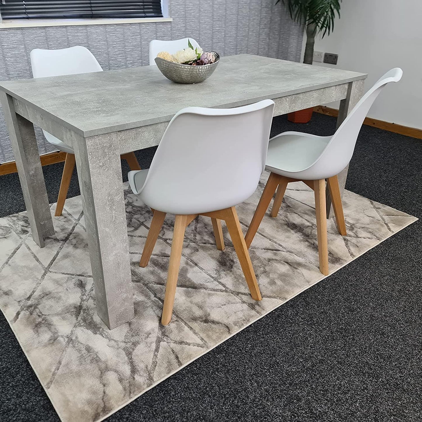 Dining Table and 4 Chairs Stone Grey Effect Wood Table 4 White Plastic Leather Chairs Dining Room