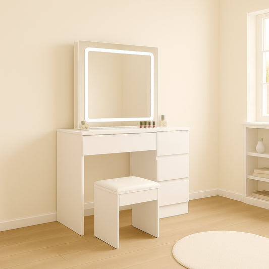 DOUBS Modern Dressing Table with LED Lights Mirror Vanity Makeup Desk Stool Set