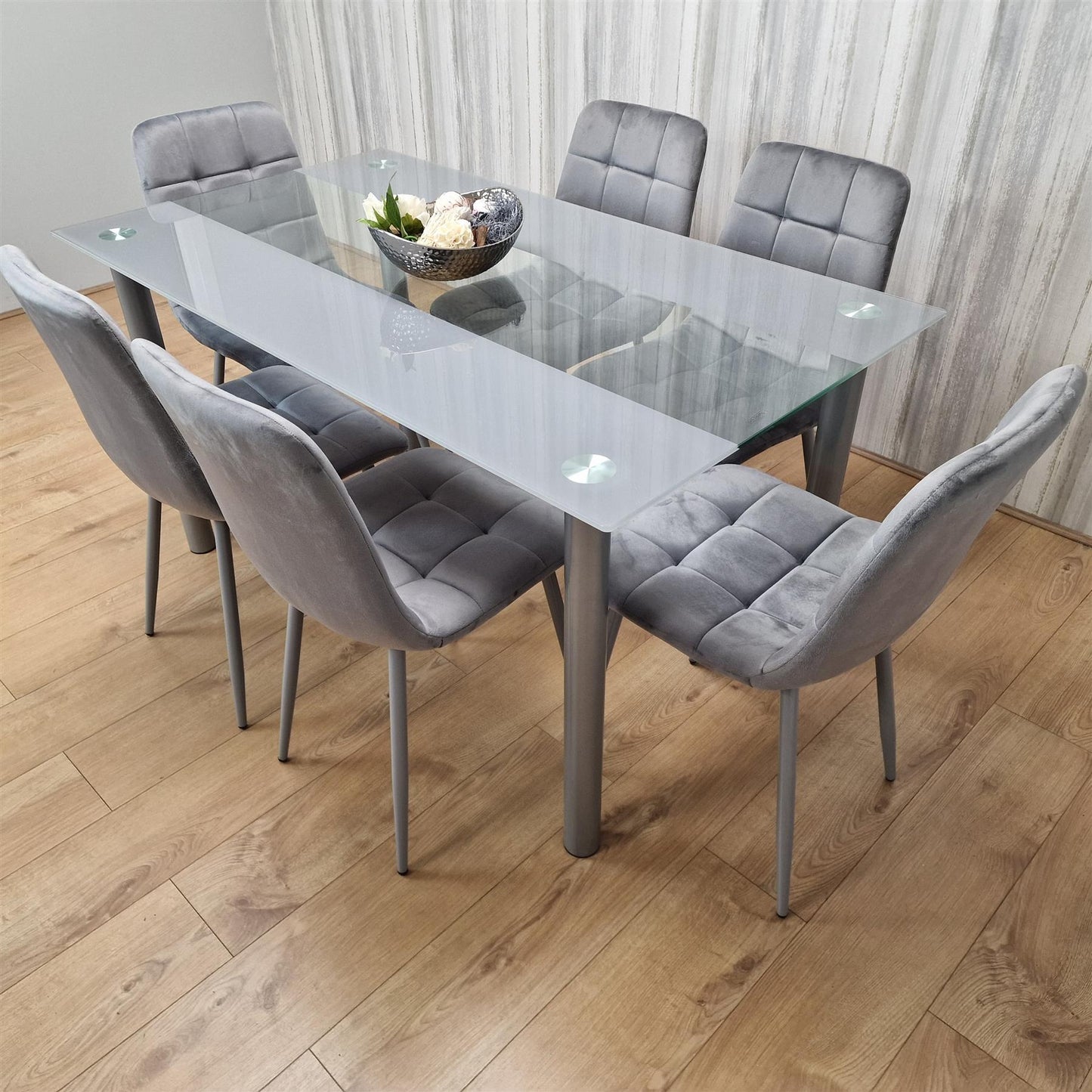 Dining Table and 6 Chairs Grey Clear Glass 6 Velvet Grey Chairs Dining Room Furniture