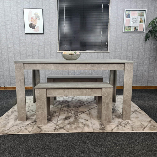 Dining Table and 2 Benches  Stone Grey Effect Wood Table 2 Grey Benches Dining Room Furniture