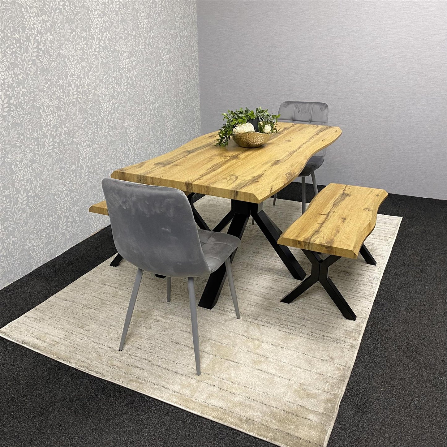 DOUBS Wooden Brown Dining Table with 2 Benches and Grey Velvet Chairs, Stylish Dining Room Furniture