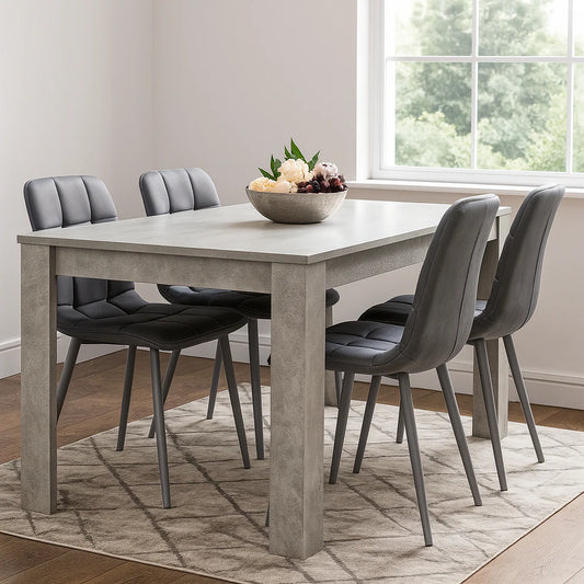 Doubs Grey Wooden Effect Dining Table Set with 4 Tufted Velvet Grey Chairs , Melamine Finish, Modern Curved Back Design