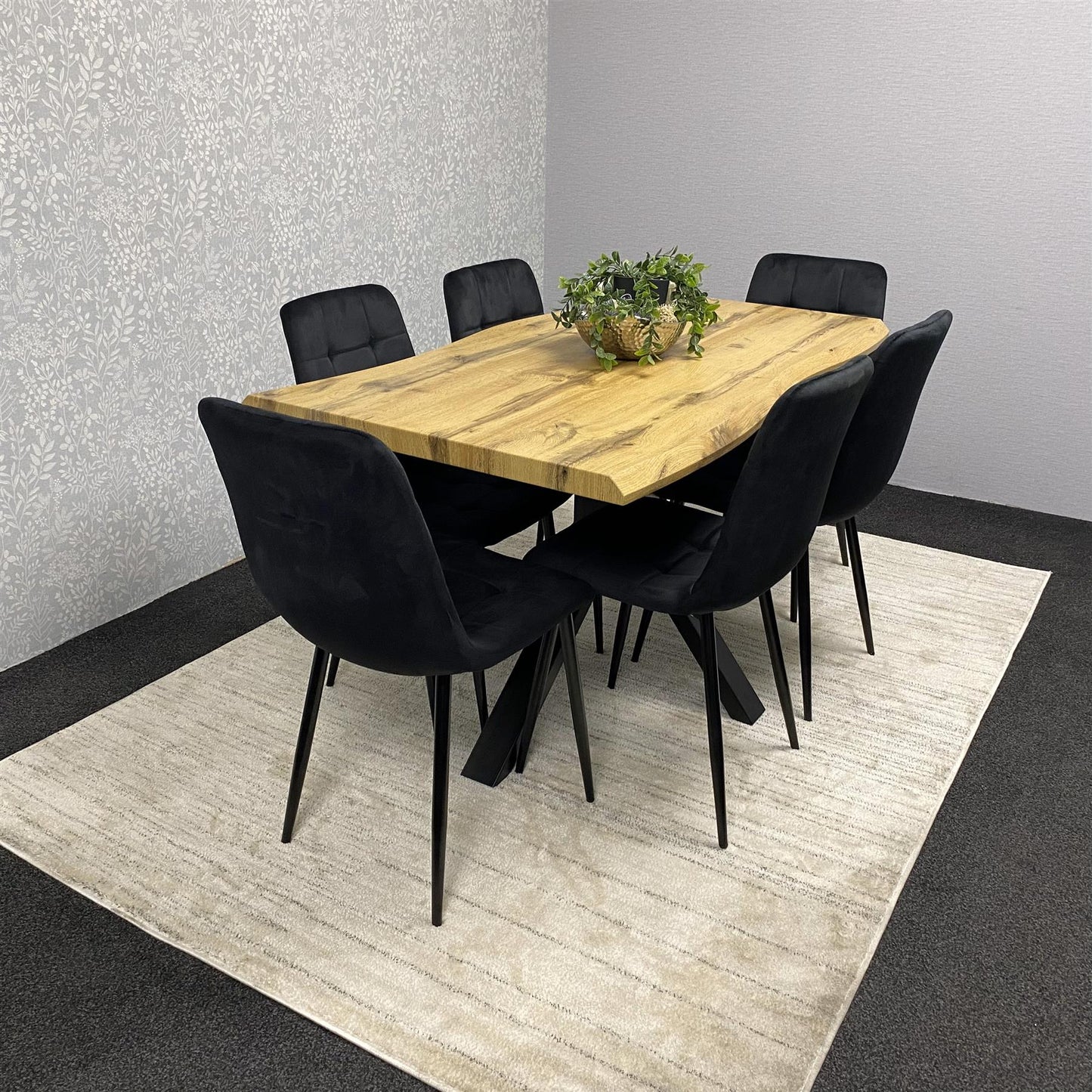 DOUBS Wooden Brown Dining Table with 6 Black Velvet Chairs, Stylish Dining Room Furniture