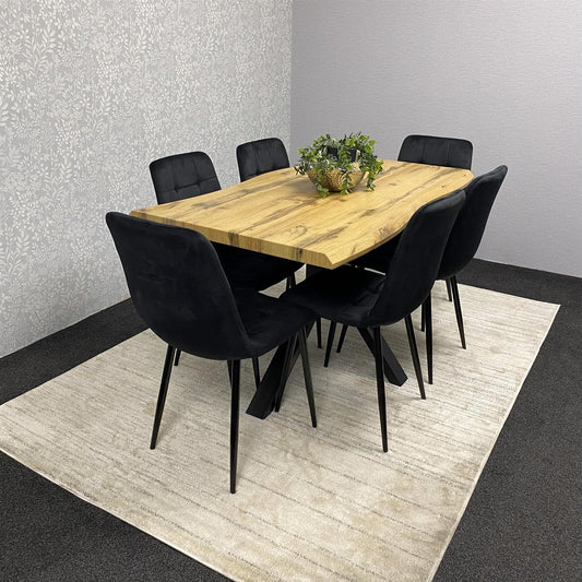 DOUBS Wooden Brown Dining Table with 6 Black Velvet Chairs, Stylish Dining Room Furniture
