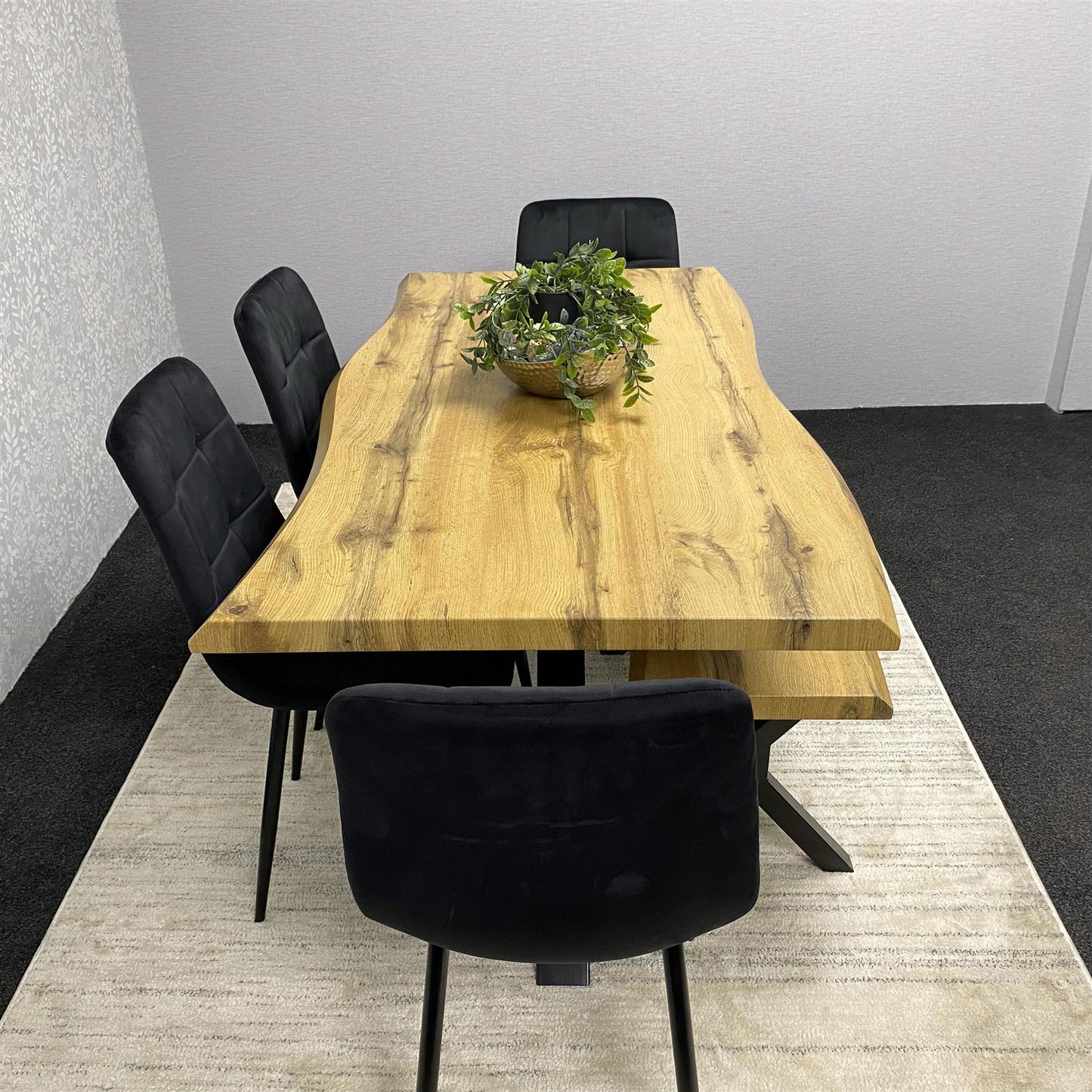 DOUBS Wooden Brown Dining Table with Bench and 4 Black Velvet Chairs, Stylish Dining Room Furniture
