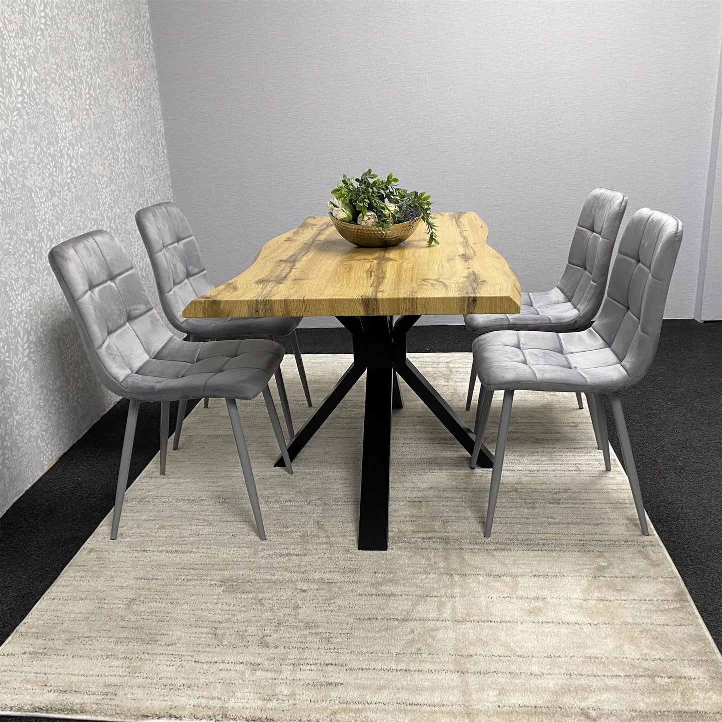 DOUBS Wooden Brown Dining Table with 4 Grey Velvet Chairs, Stylish Dining Room Furniture