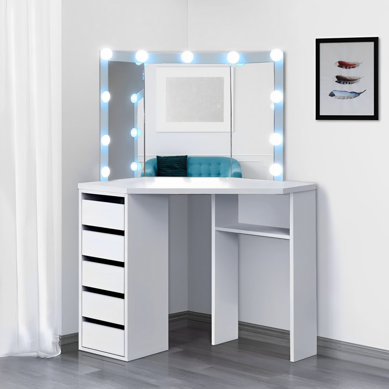 DOUBS Corner Dressing Table with Mirror and Stool Makeup Vanity LED Mirror Lights Hollywood Table