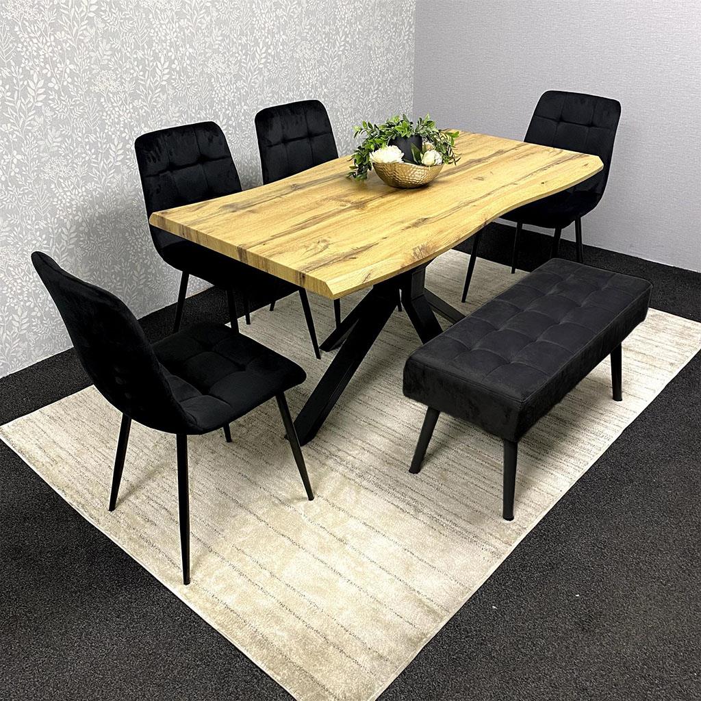 DOUBS Wood Dining Set with Velvet Chairs & Black Velvet Bench