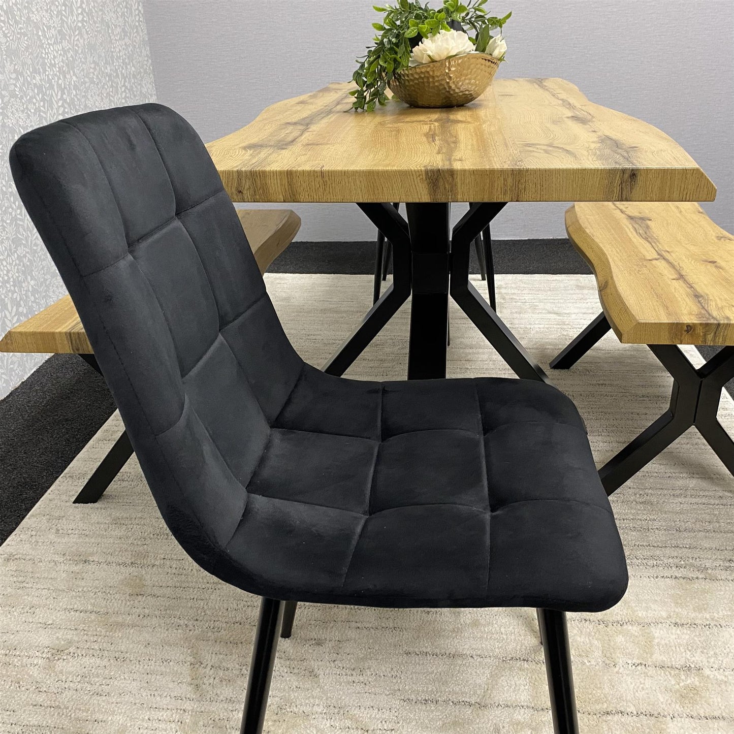 DOUBS Wooden Brown Dining Table with Benche and 2 Black Velvet Chairs, Stylish Dining Room Furniture