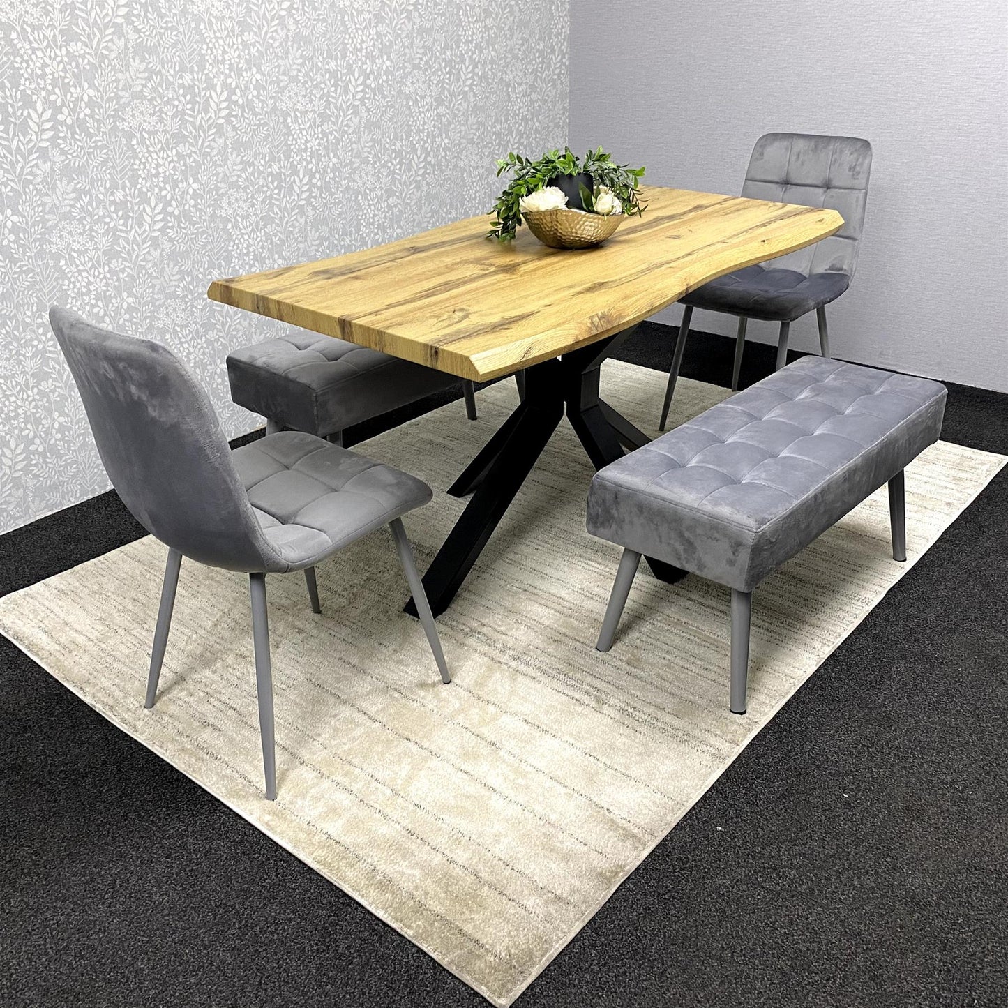 DOUBS Wooden Brown Dining Table with 2 Grey Velvet Chairs and Padded Benches, Dining Room Furniture