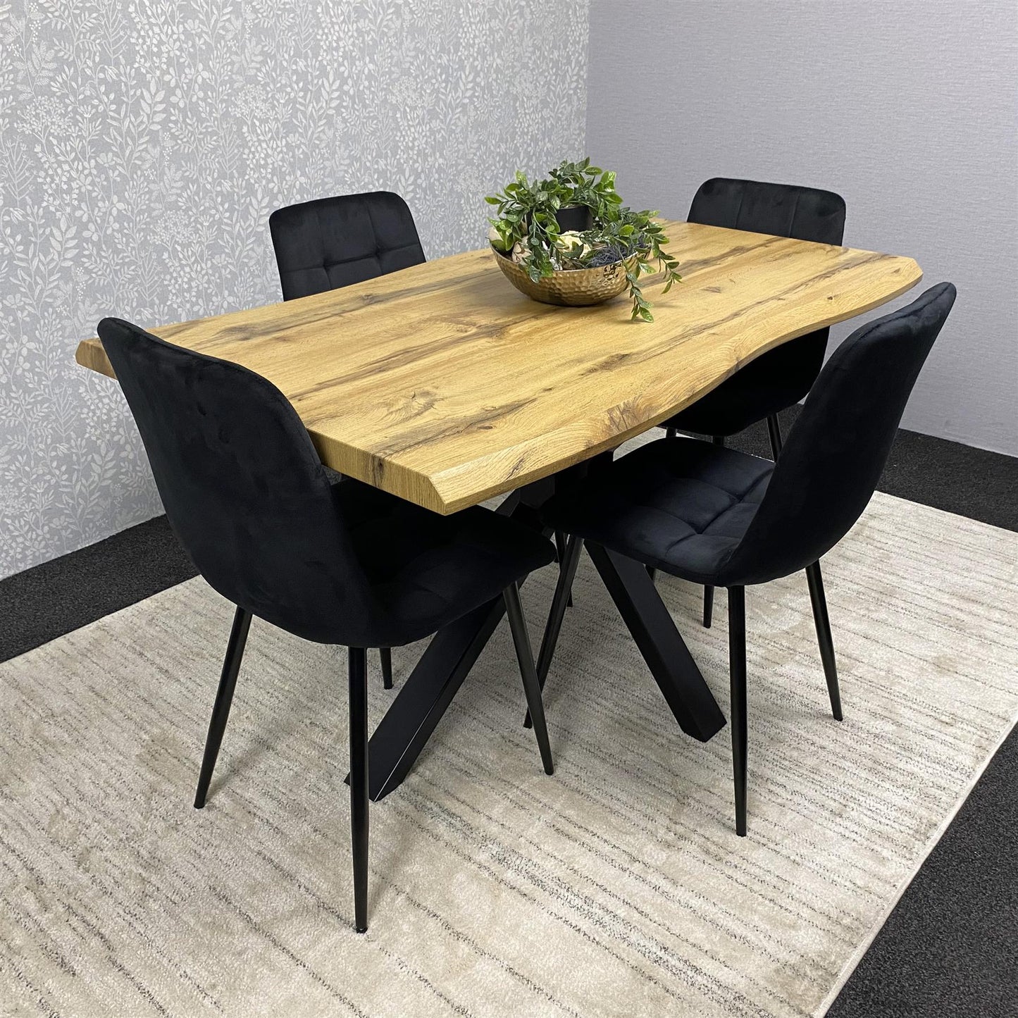 DOUBS Wooden Brown Dining Table with 4 Black Velvet Chairs, Stylish Dining Room Furniture