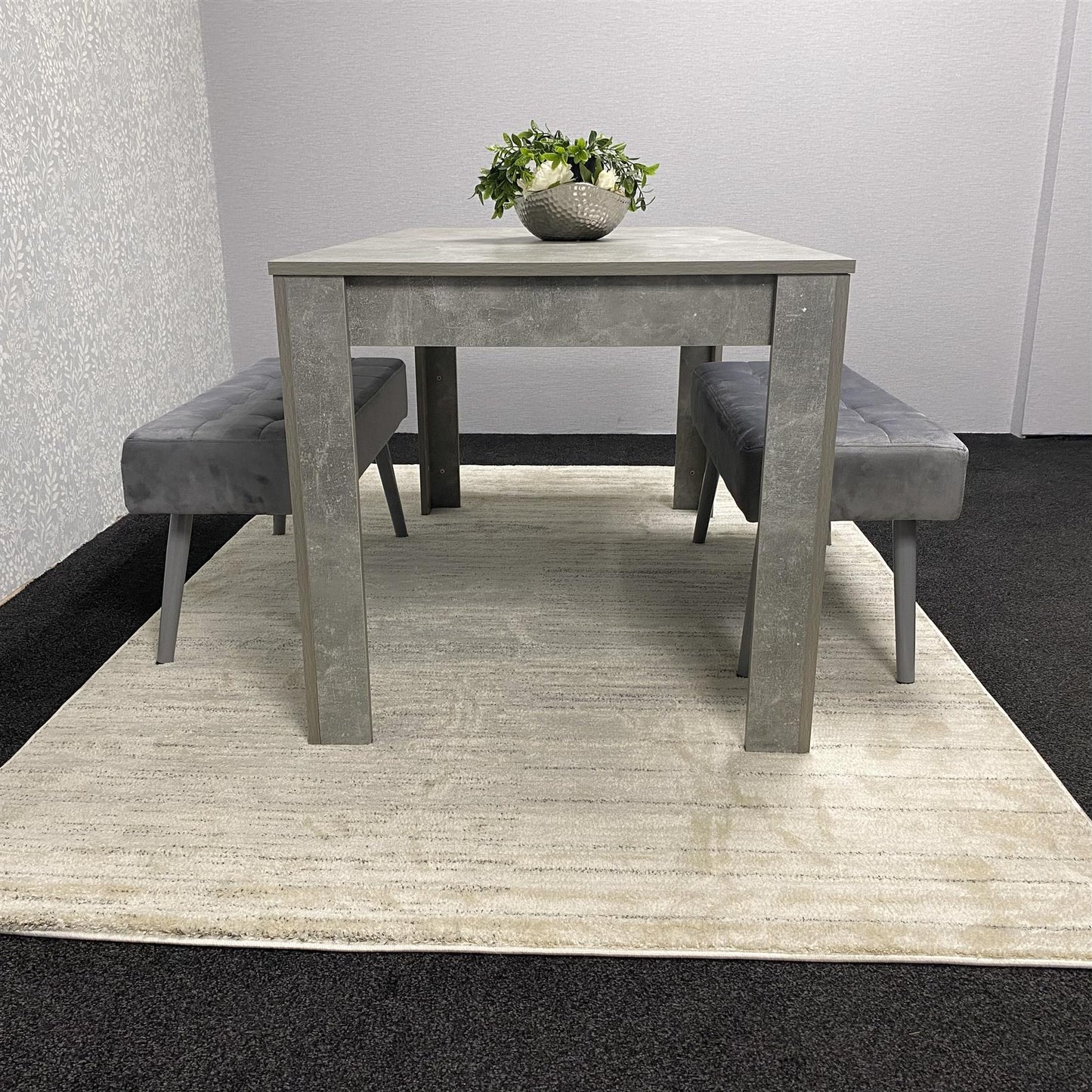 Grey Wooden Dining Table Set and 2 Benches with Metal Legs – Dining Kitchen Room Furniture