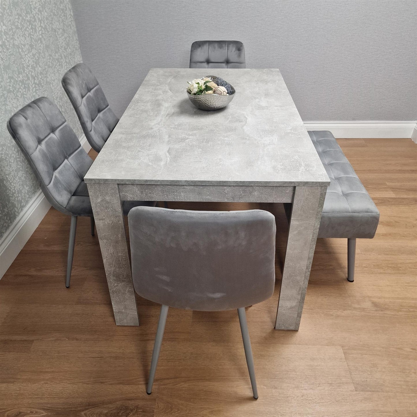Grey Wooden Dining Table Set with 4 Grey Chairs and 1 Bench - Dining Kitchen Room Furniture