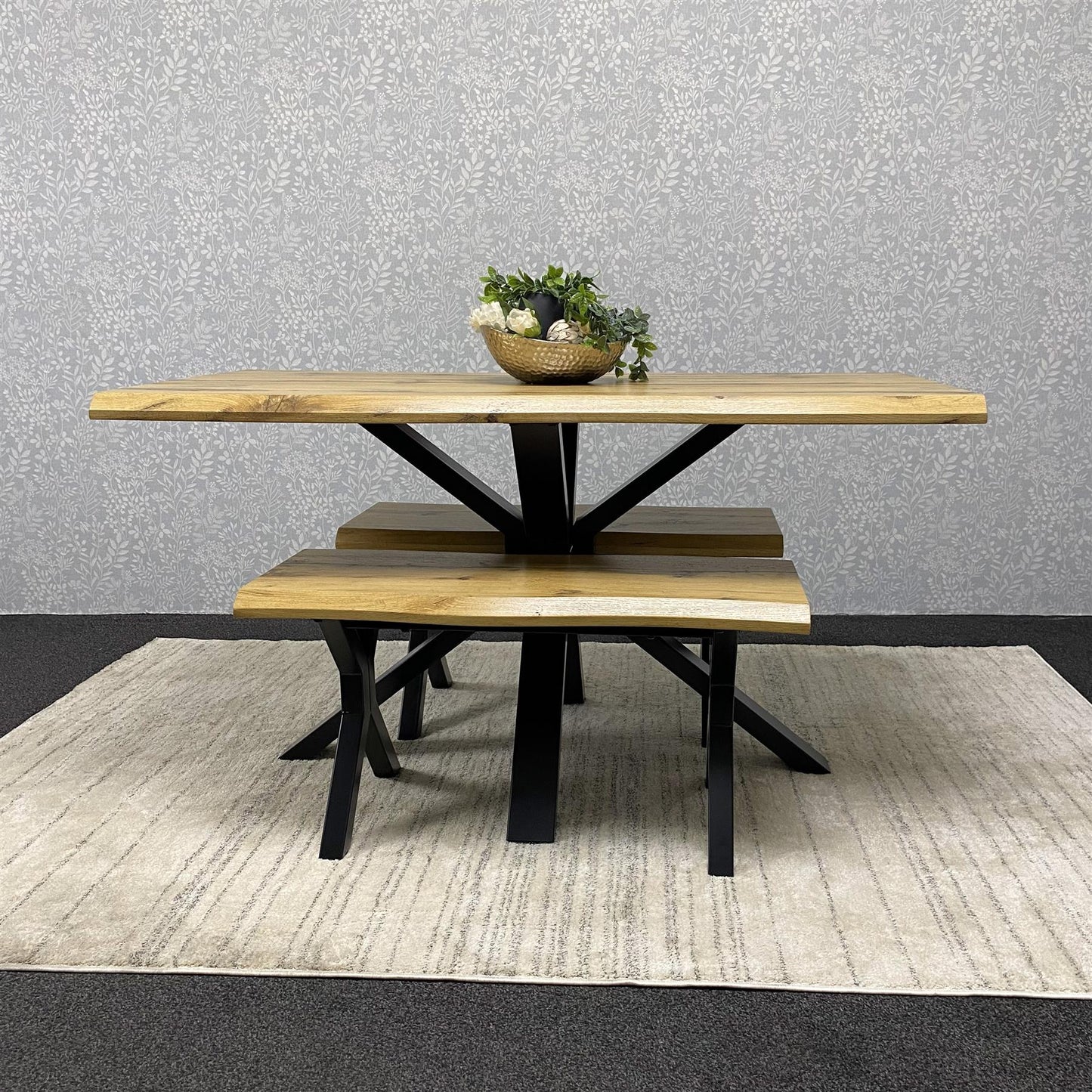 DOUBS Wooden Dining Table and 2 Benches Set with X-Shaped Iron Legs, Curved Edge for Dining Room