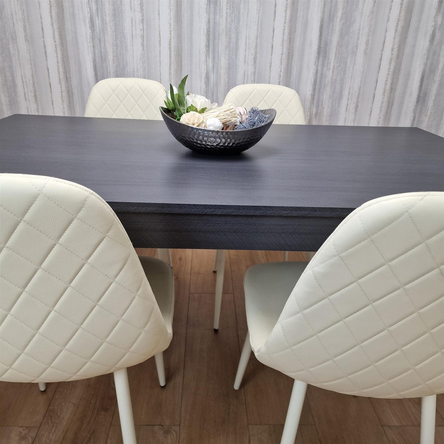 Dining Table and 4 Chairs  Black Dark Grey Leather Cream Chairs Wood Dining Set Furniture