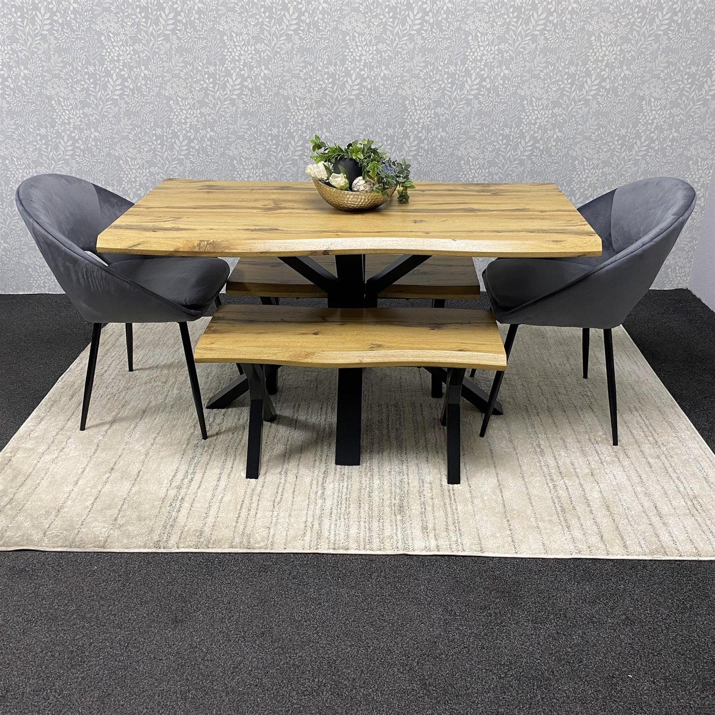 DOUBS Wooden Brown Dining Table with 2 Benches and Grey Velvet Chairs, Stylish Dining Room Furniture
