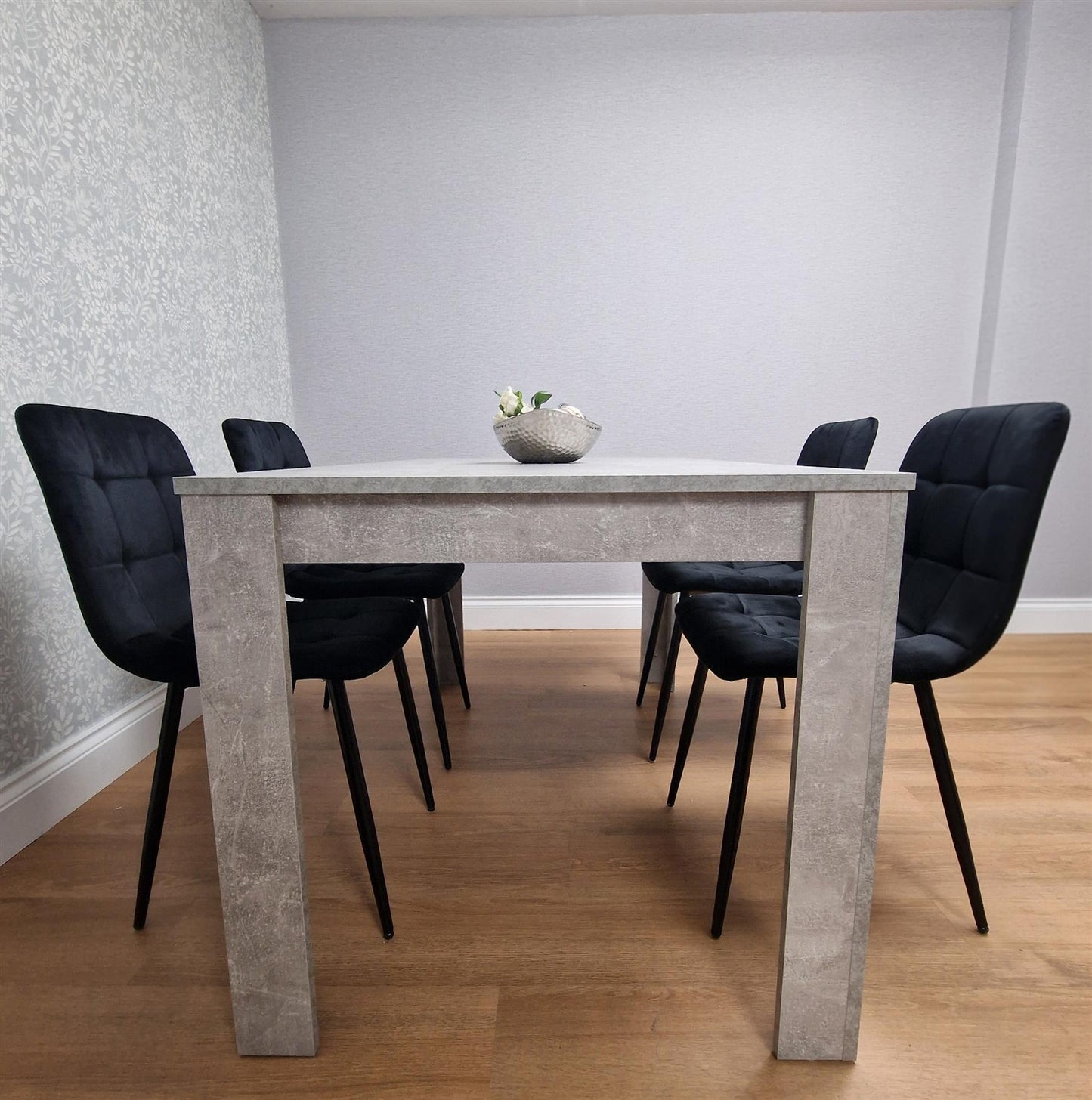 Dining Table and 4 Chairs Stone Grey Effect Wood Table 4 Black Velvet Chairs Dining Room