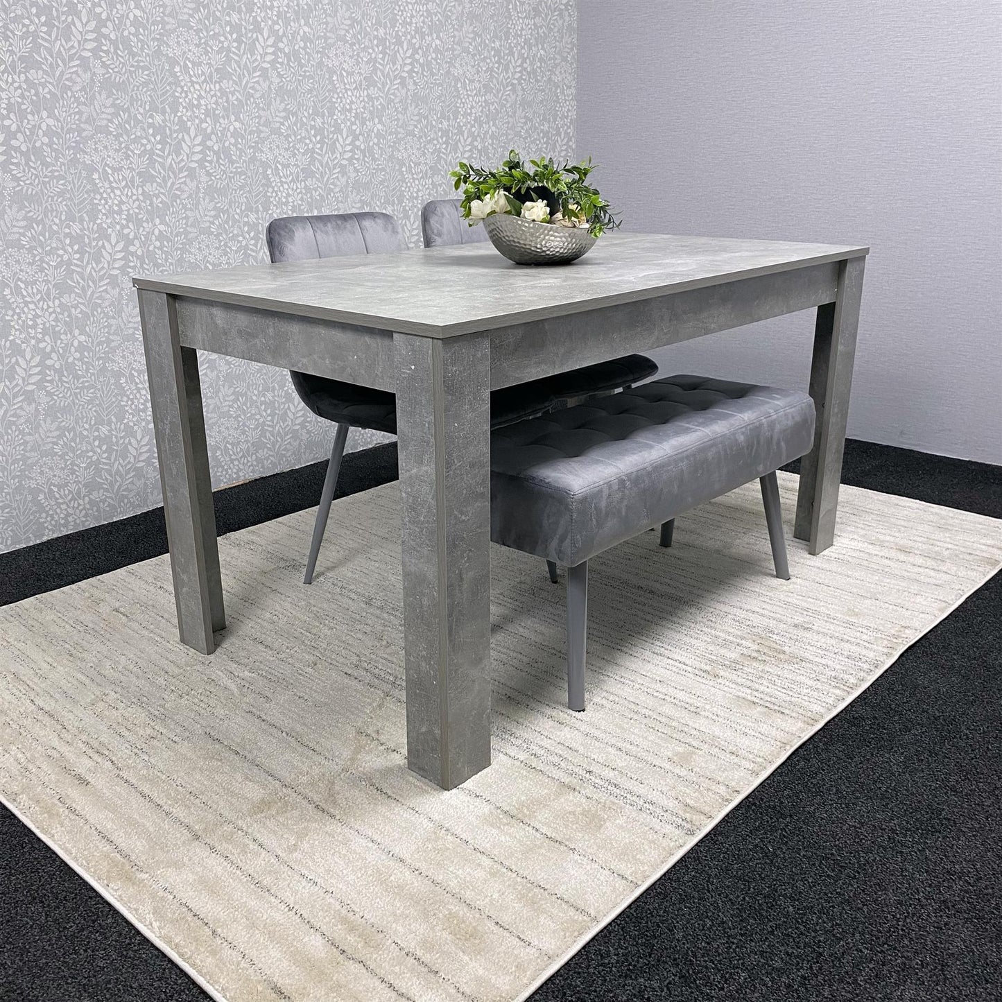 Grey Wooden Dining Table Set with 2 Grey Chairs and 1 Bench - Dining Kitchen Room Furniture