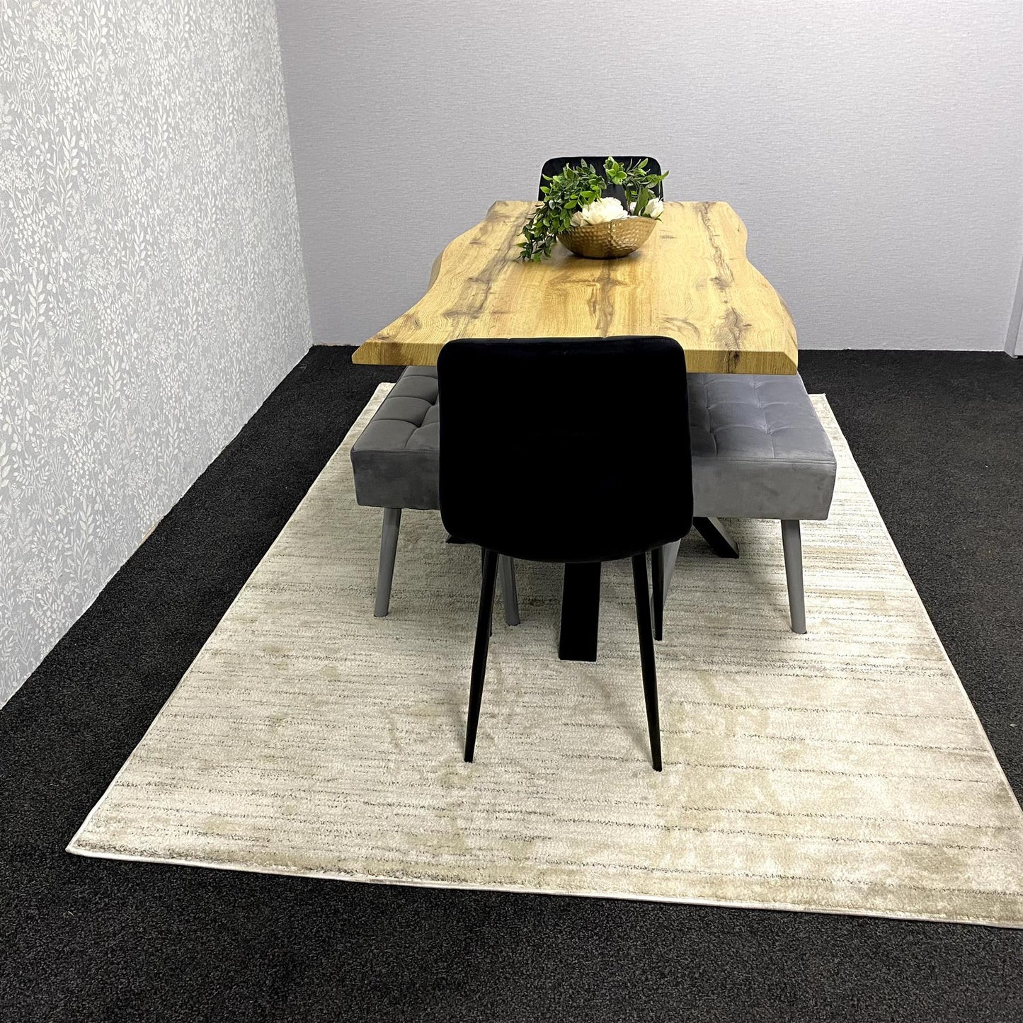 DOUBS Wooden Brown Dining Table with 2 Black Velvet Chairs and Grey Padded Benches, Dining Room Furniture