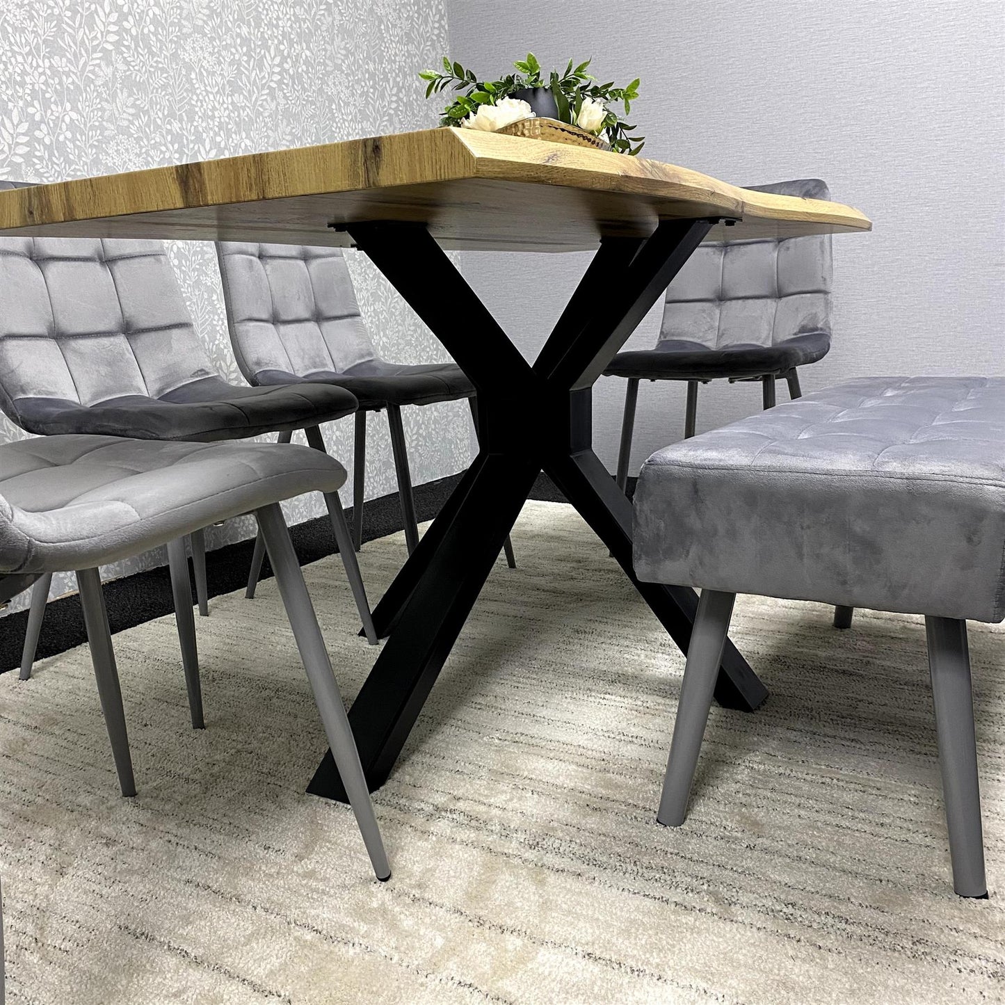 DOUBS Wooden Brown Dining Table with 4 Grey Velvet Chairs and Padded Bench, Dining Room Furniture