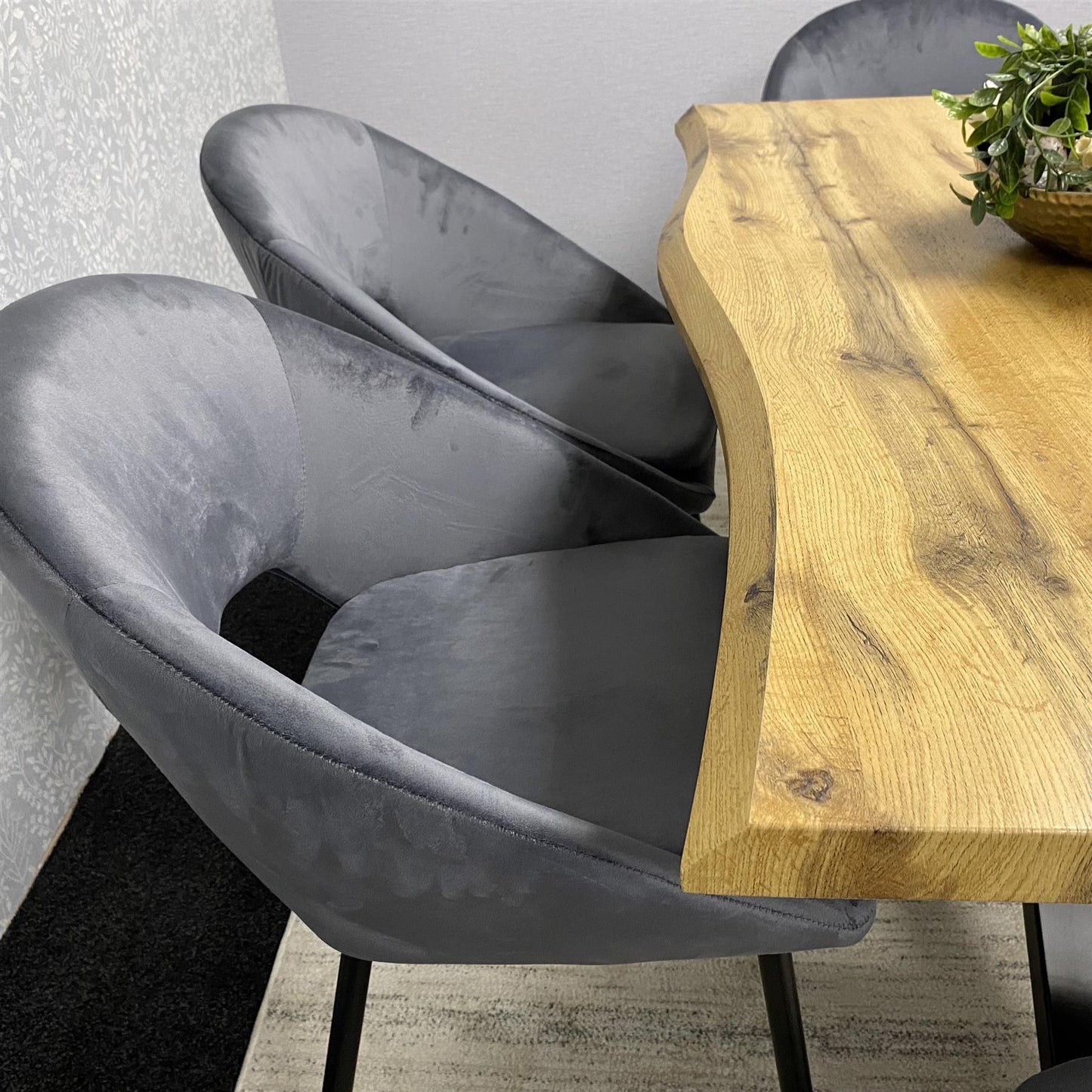 DOUBS Wooden Brown Dining Table with Bench and 4 Grey Velvet Chairs, Stylish Dining Room Furniture