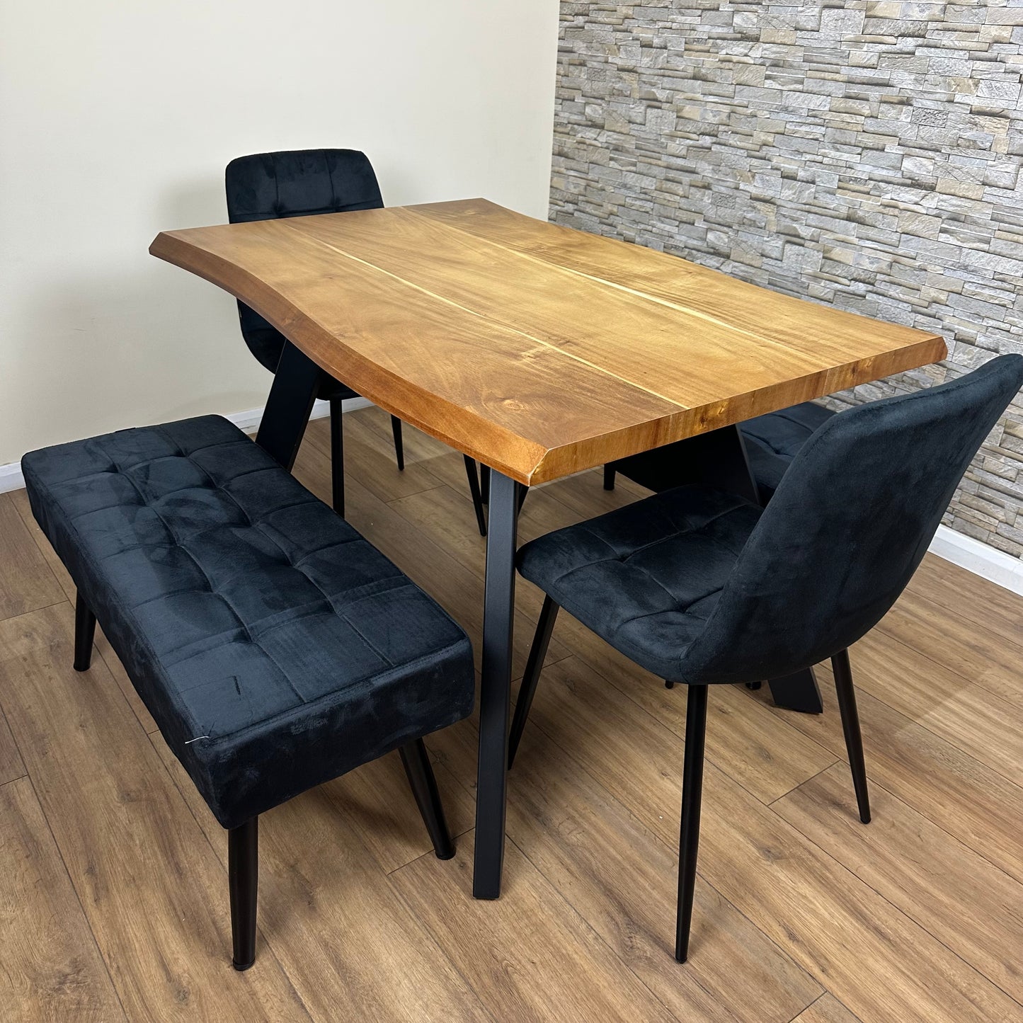 DOUBS Modern Dining Table with 2 Black Velvet Chairs and 2 Benches 5-Piece Set