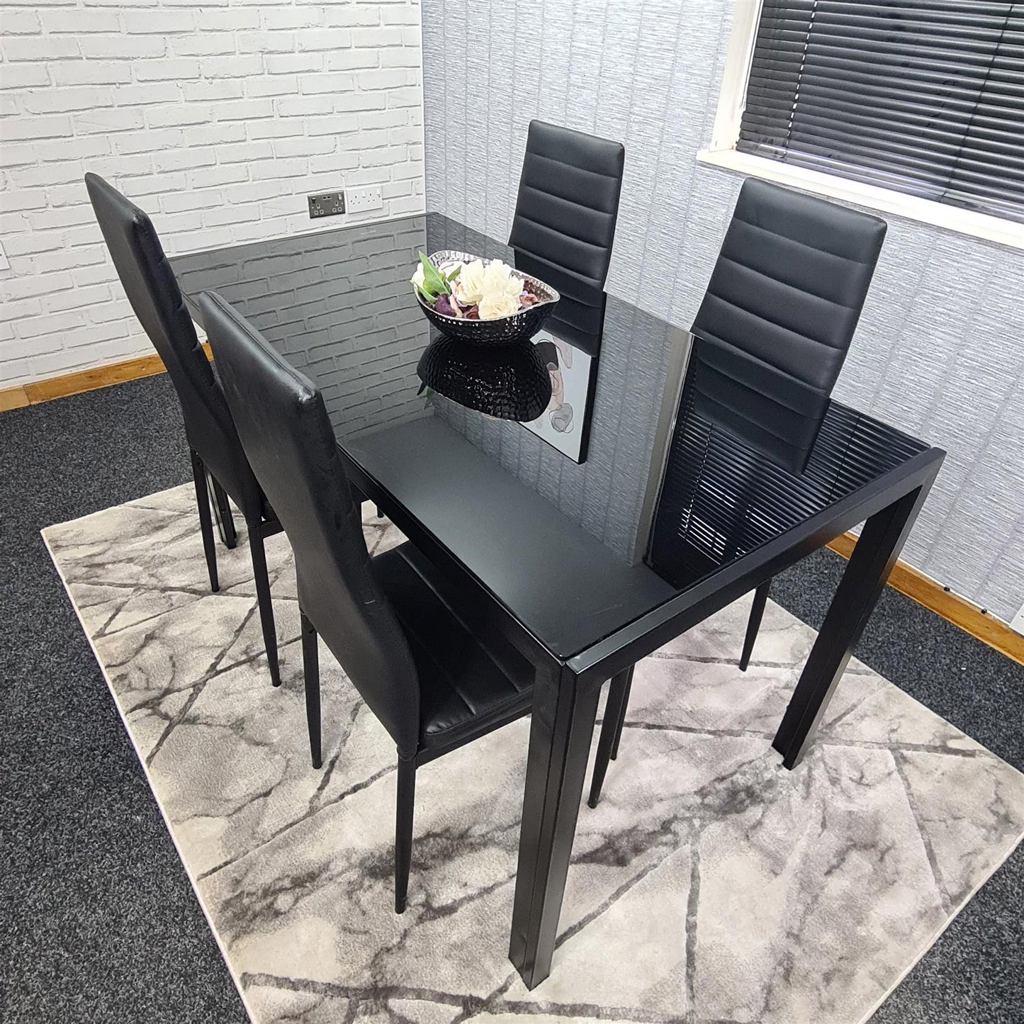 Dining Table and 4 Chairs Black Glass 4 Leather Chairs  Dining Room Furniture