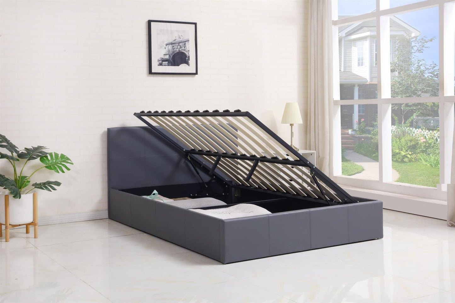 Ottoman Bed Gas Lift Storage Leather 3ft , 4ft,  4ft6 Bed , Pine Wood , Optional Memory Foam Matress