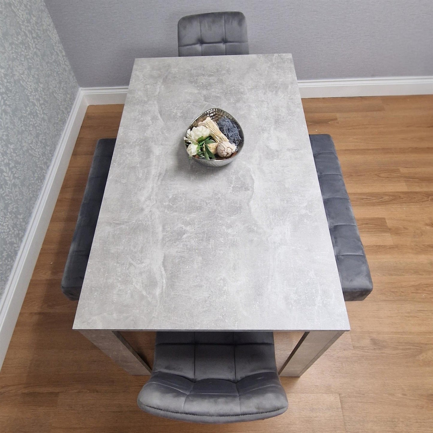 DOUBS Grey Wooden Dining Table Set with 2 Grey Chairs and Benches - Dining Kitchen Room Furniture