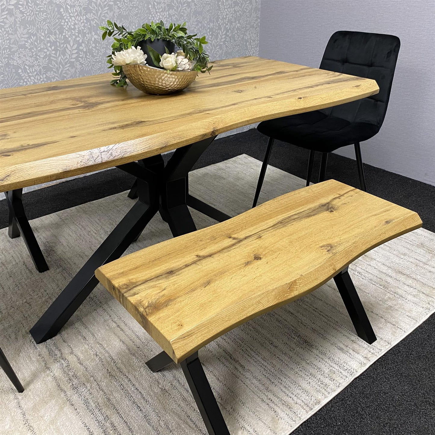 DOUBS Wooden Brown Dining Table with Benche and 2 Black Velvet Chairs, Stylish Dining Room Furniture