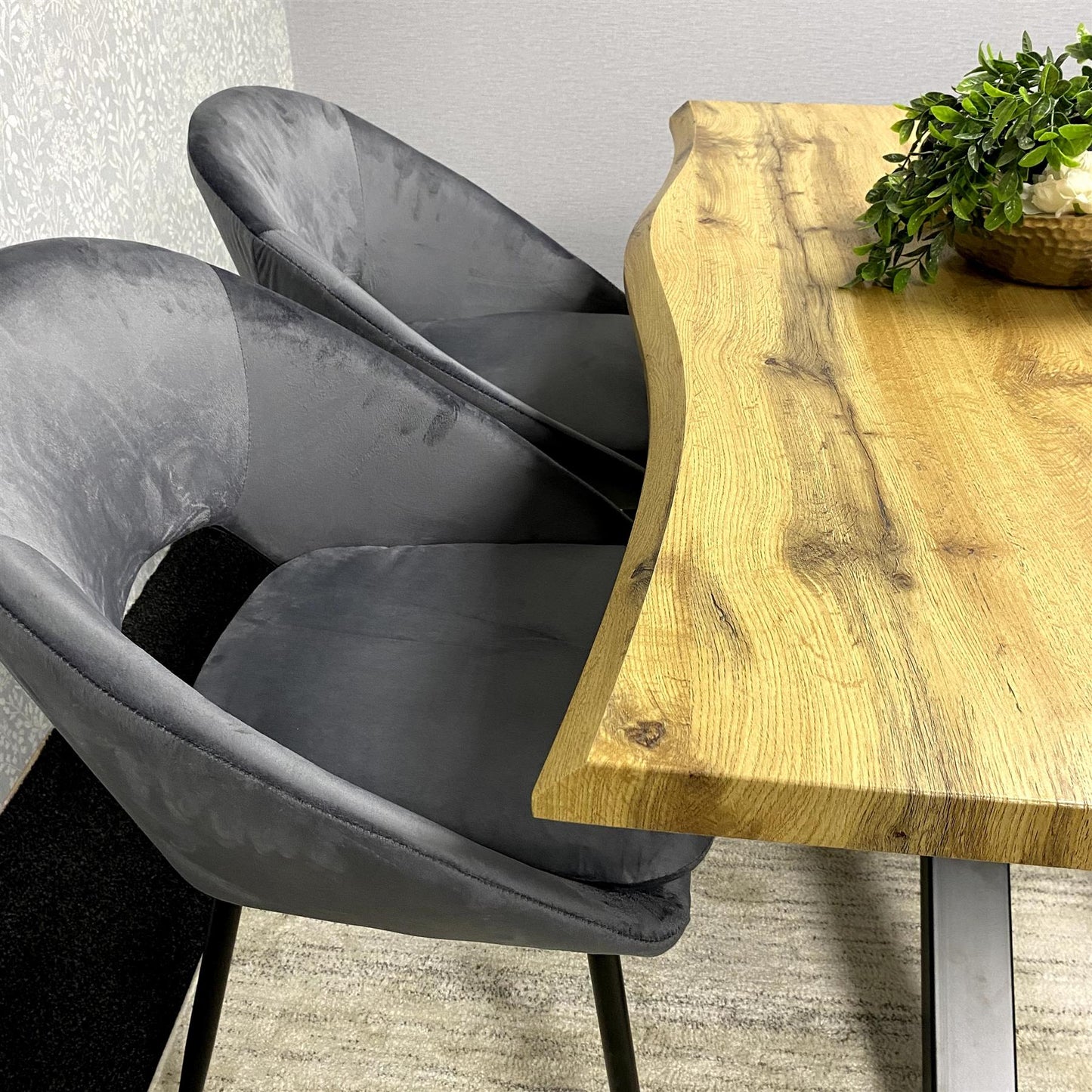 DOUBS Wooden Brown Dining Table with grey velvet Bench and 2 Grey Velvet Chairs, Stylish Dining Room Furniture