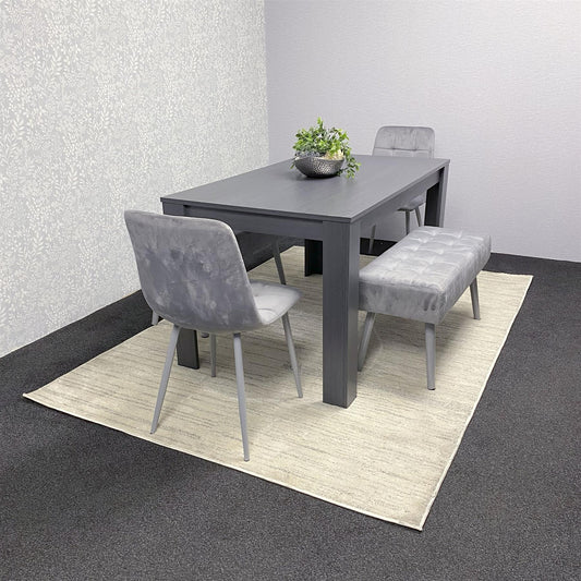 Dark Grey Arrow Design Wooden Dining Table with Velvet Chairs and 2 Benches