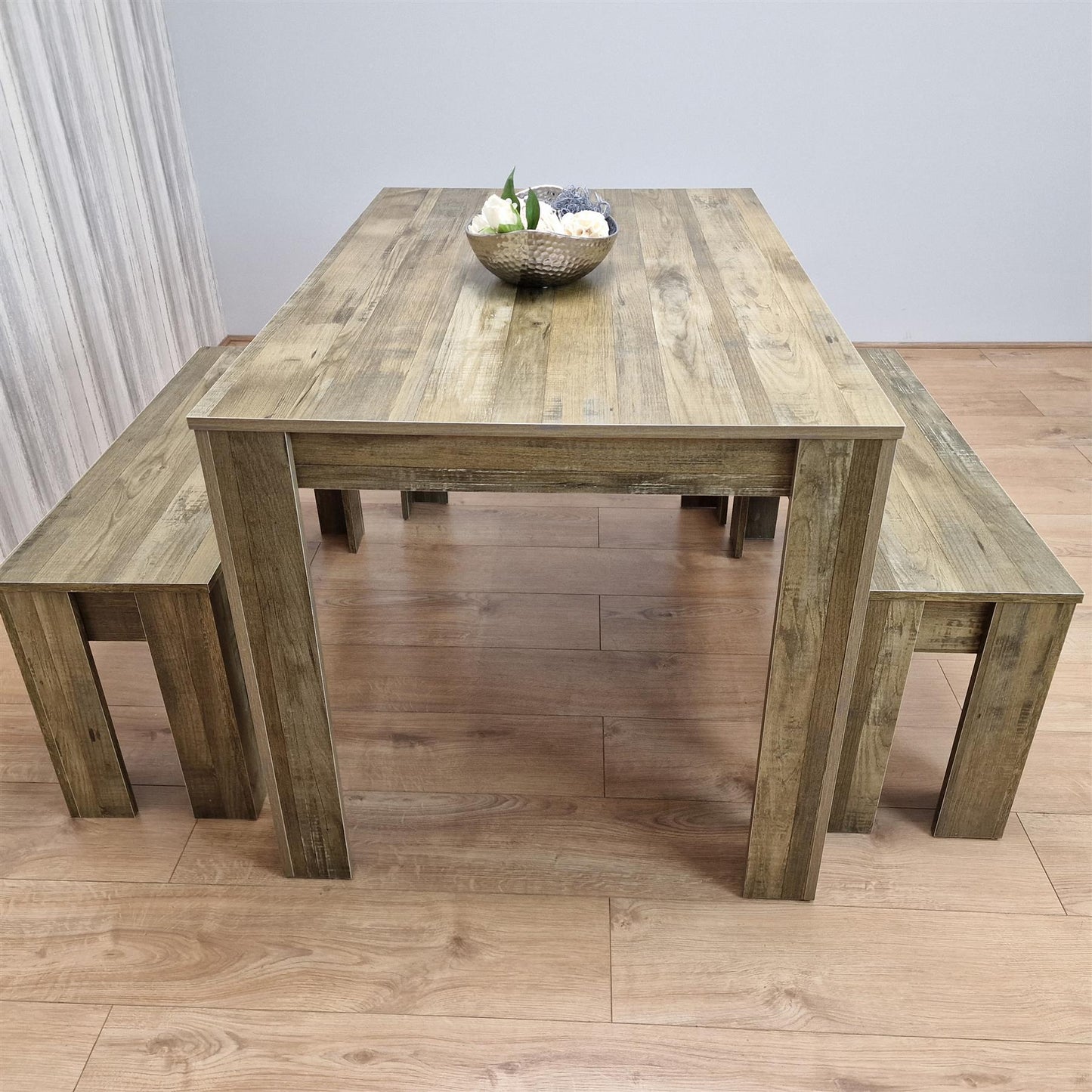 DOUBS Dining Table and 2 Benches Rustic Effect Wood Table Rustic Benches Dining Room