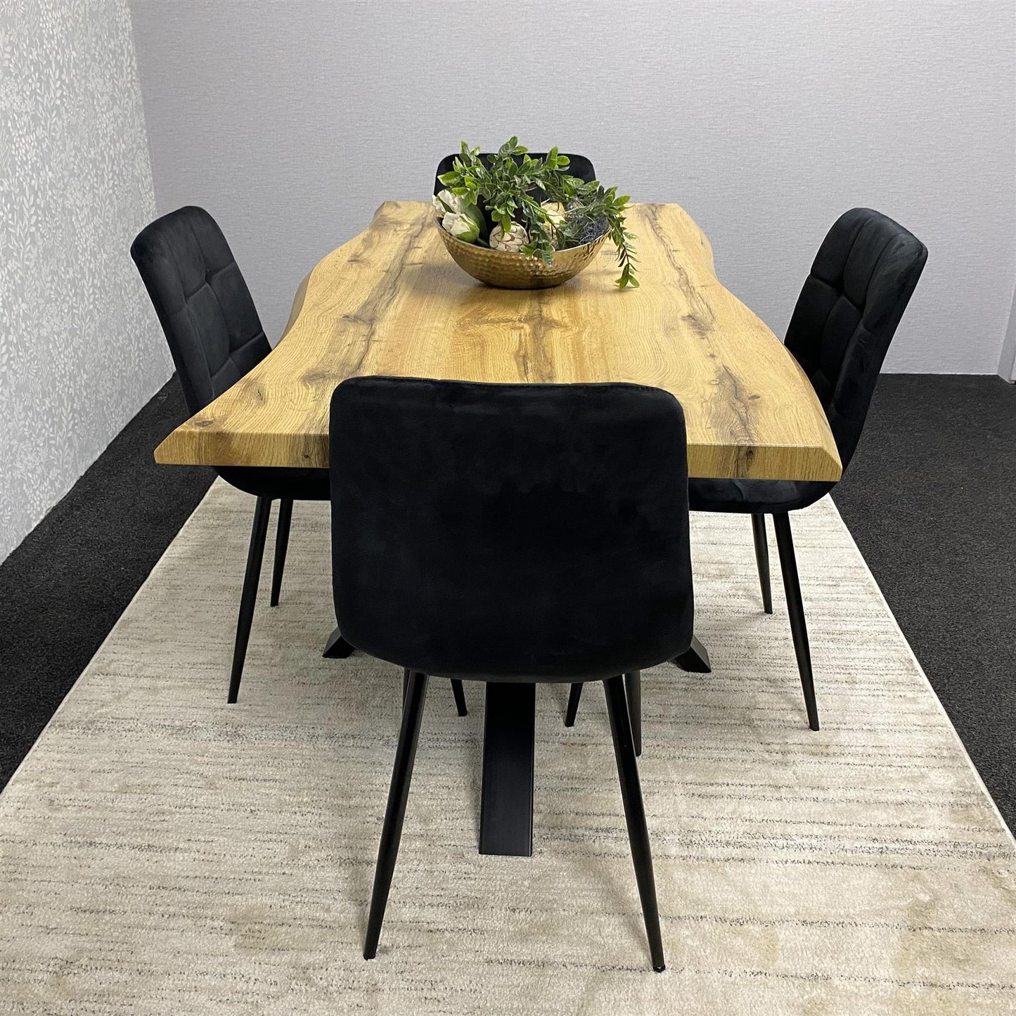 DOUBS Wooden Brown Dining Table with 4 Black Velvet Chairs, Stylish Dining Room Furniture