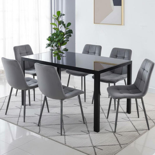 Modern Black Glass Dining Table Set with 6 Grey velvet Chairs Dining Room Furniture