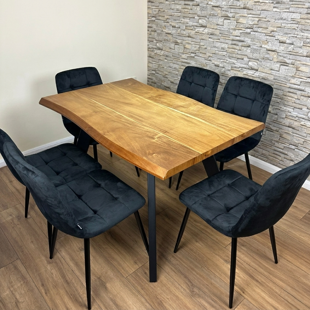 DOUBS Dining Table  and 6 Black Velvet Chairs Wooden Table and 6 velvet Tufted Chairs
