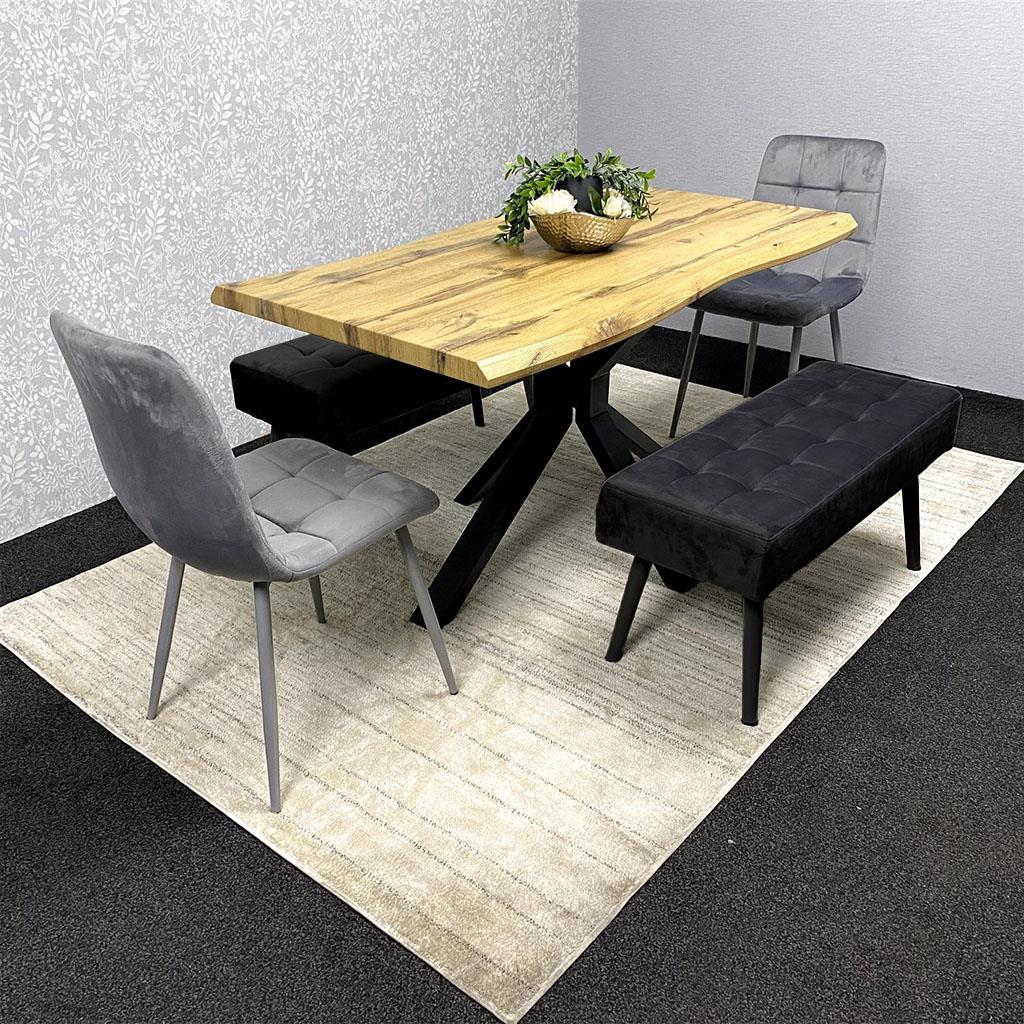 DOUBS Wooden Brown Dining Table with 2 Grey Velvet Chairs and Black Padded Benches, Dining Room Furniture